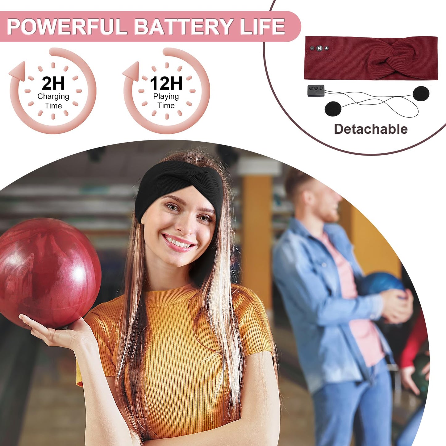 2-Pack Headband Headphones with Thin HD Speakers, Bluetooth Headband for Women, Stylish Knotted Design, Wireless Bluetooth Headphones for Workout, Daily Life, Yoga, Travel, Meditation - Red&Black