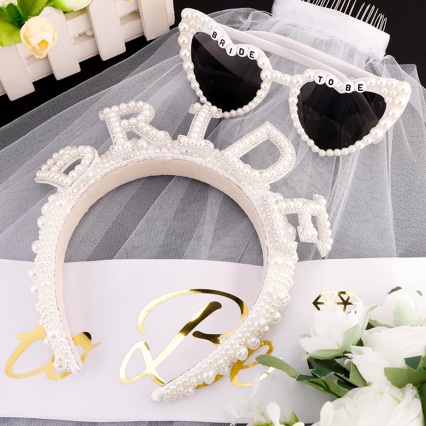 KICOSY 4PCS Bridal Set - Bride Headband, Heart-Shaped Sunglasses, “Bride to Be”Sash & Veil - Bachelorette Party, Bridal Shower, Wedding Photos & Ceremony