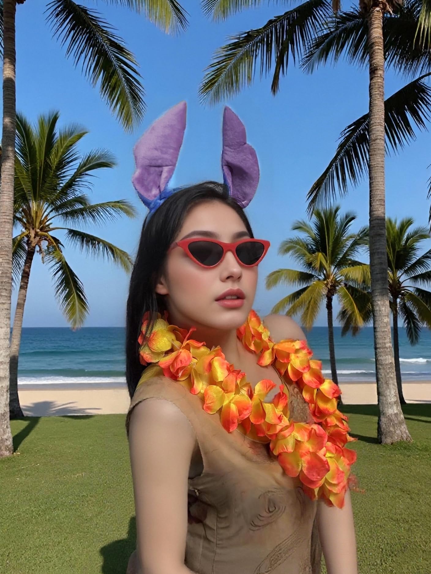 OUHAICUST Unisex Blue Stitch Ears Headband Tail Glasses Hawaiian Lei Costume Accessories Blue Little Monster Kit Halloween Cosplay