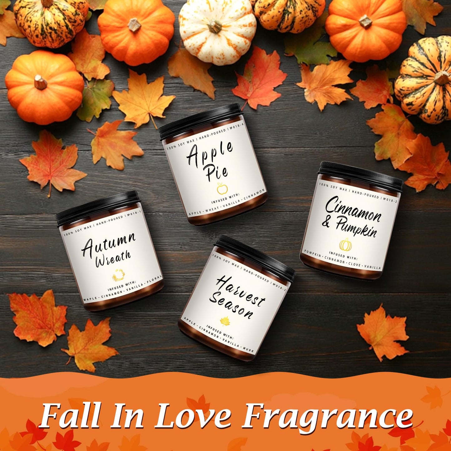 Fall Candles | 4 Pack Scented Candles, Soy Wax Candle Gifts for Women Men, Autumn Candle Home Scented, Fall Gift for Home Decor - Apple Pie/Cinnamon/Harvest/Wreath