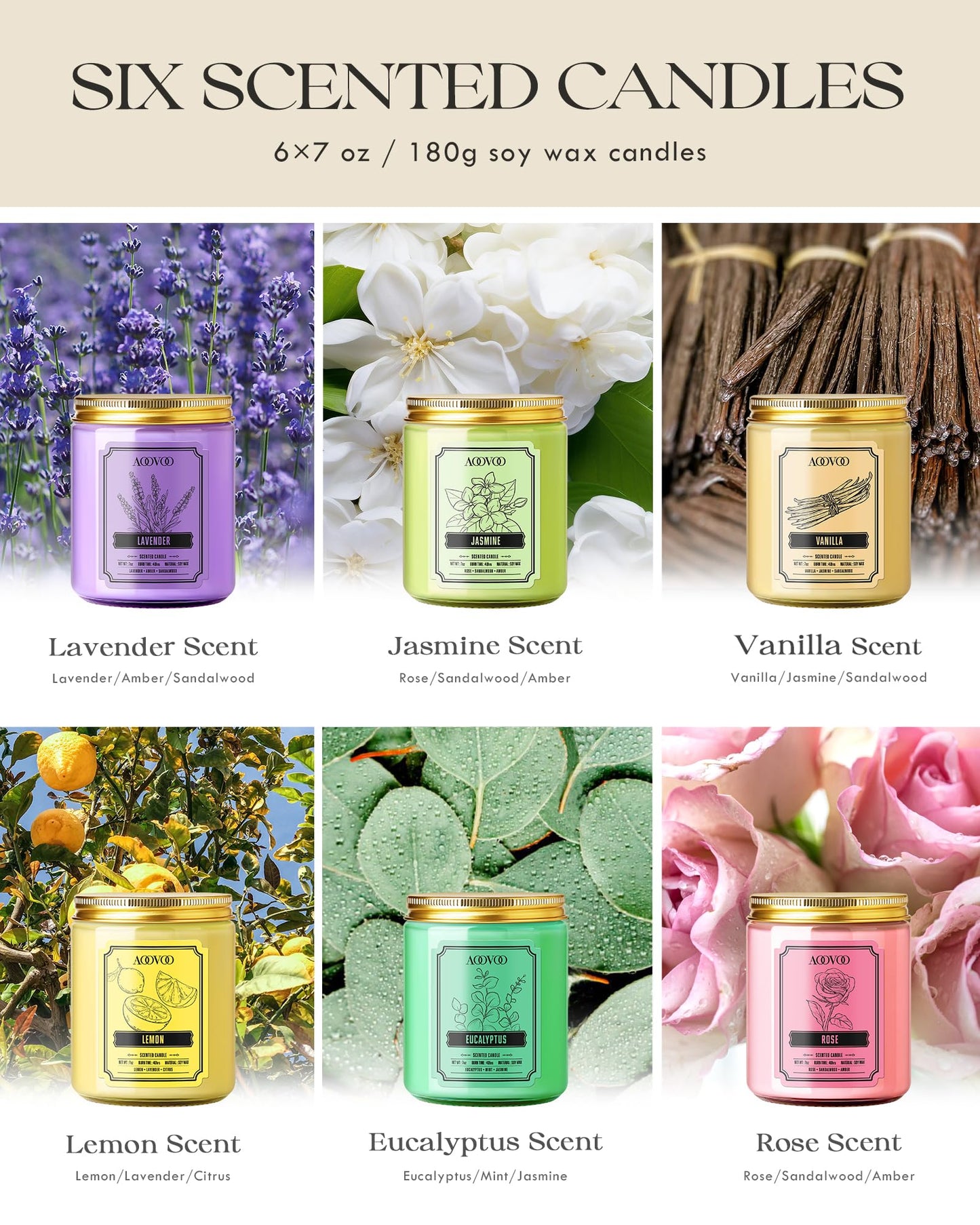 AOOVOO Scented Candles for Women - 6 Pack Colorful Jar Candle for Home Scented, 42oz Soy Candles, 300 Hours Burn Time, Aromatherapy Candles Gifts Set for Birthday