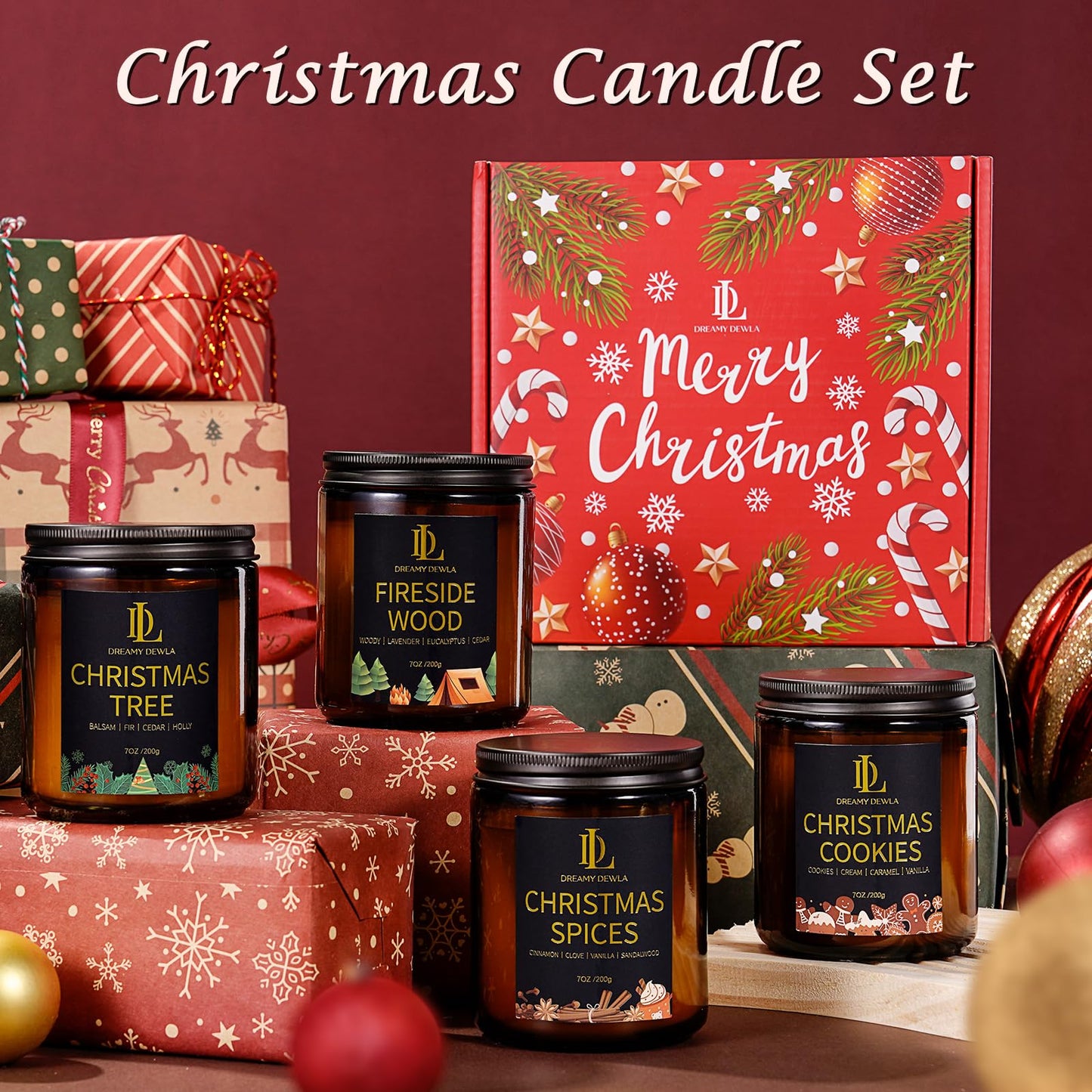 Holiday Candle Set, Winter Scented Candle, 4 Pack Soy Candles for Home Scented, Holiday Candles Gifts for Women Men, Winter Scents of Christmas Tree/Cookies/Spices/Fireside Wood