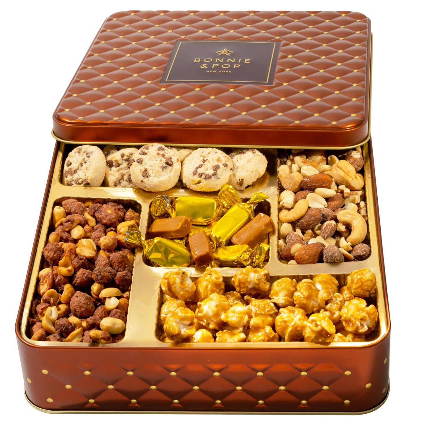 Snack Assortment Gift Basket- Cookie and Nuts Gift Tin- Gourmet Treat Variety Present in Keepsake Tray– Gift Idea for Men, Women, Him, Her- Bonnie and Pop