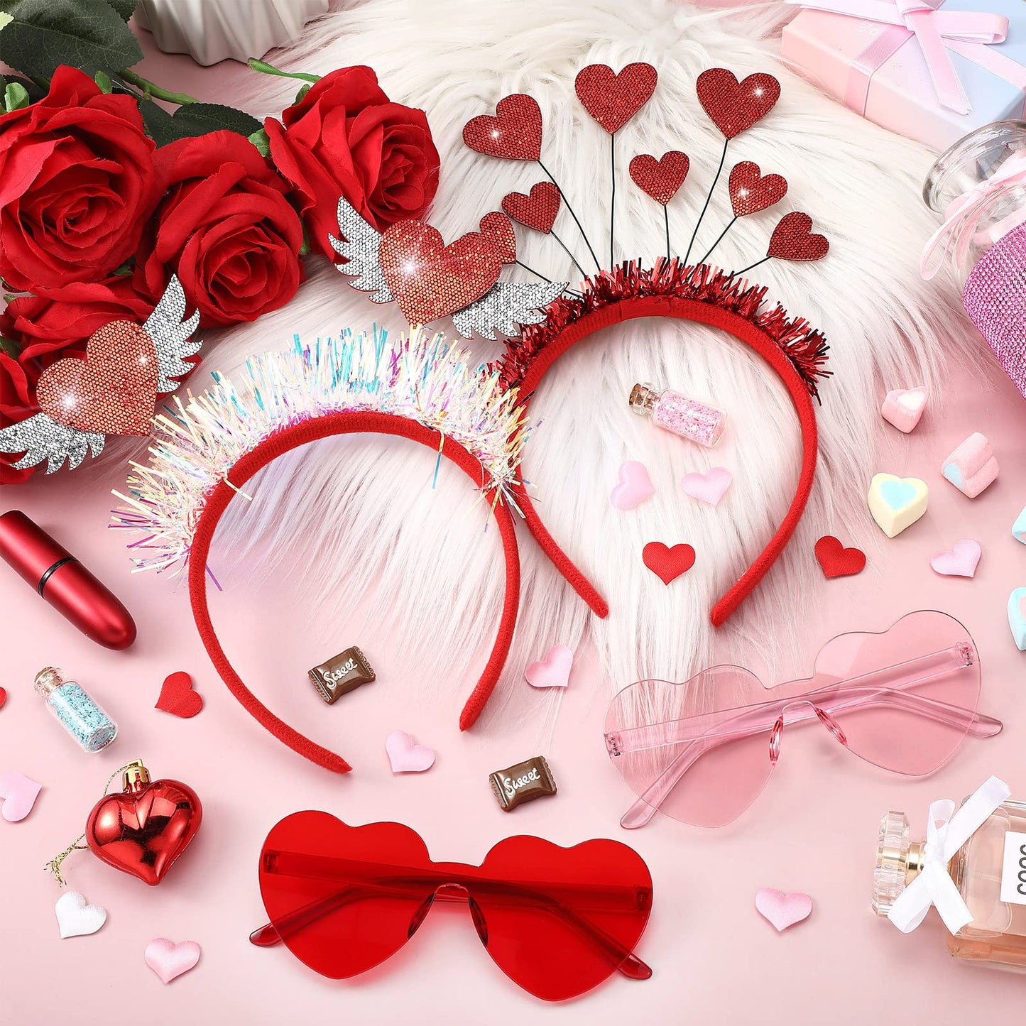 MTLEE 8 Pcs Valentines Day Red Heart Head Bopper Headband and Heart Shaped Sunglasses Transparent Candy Color Rimless Eyewear
