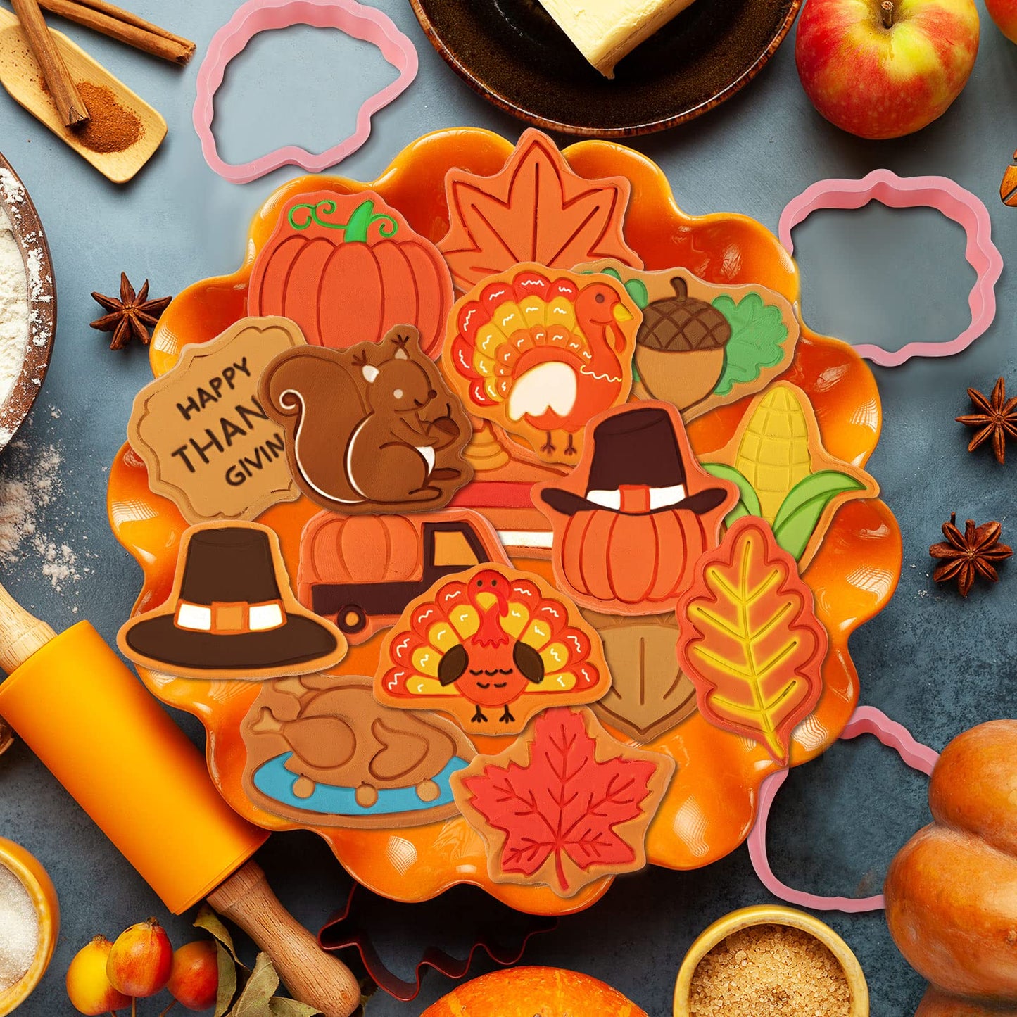 Hoolerry 16 Pcs Thanksgiving Cookie Cutter with Plunger Stamp Fall 3D Biscuit Cutter Pastry Fondant Embossing Mold for Baking Supplies
