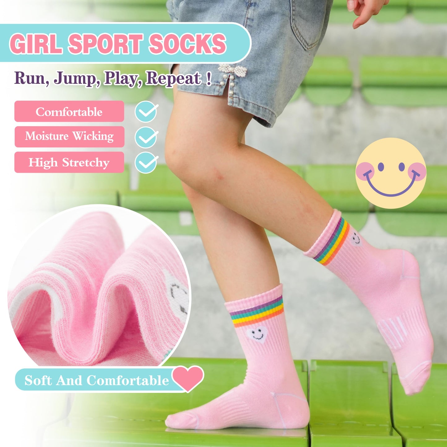 Sandsuced Kids Girls Socks Athletic Sport Basketball Youth Cotton Crew Soft Colorful Heart Gift Outdoor Socks 6 Pairs Stocking Stuffers(Colorful Stripes Face,9-15 Years)