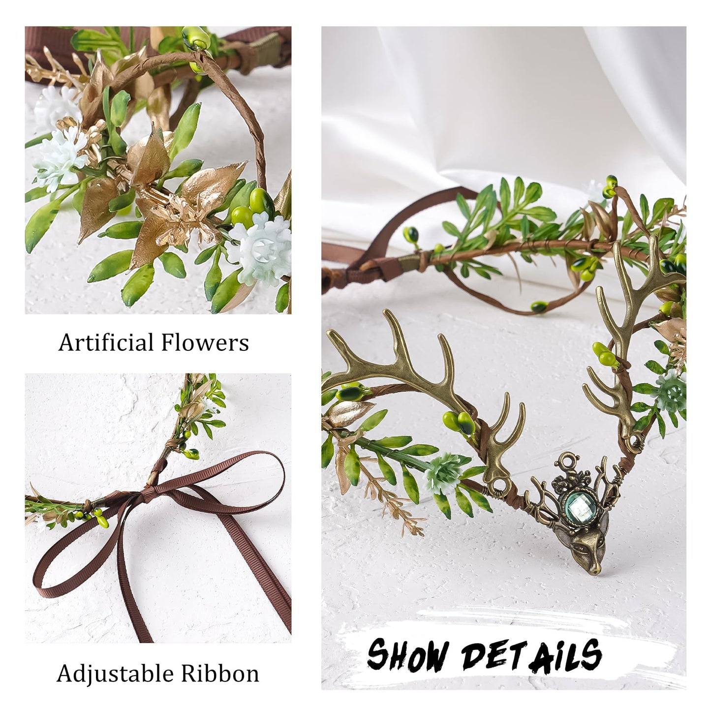 MOSTORY Woodland Flower Antler Crown - Floral Fairy Headpiece with Mini Deer Horns for Renaissance Costume Outfit Women, Forest Reindeer Circlet for Fairy Accessories Halloween Cosplay