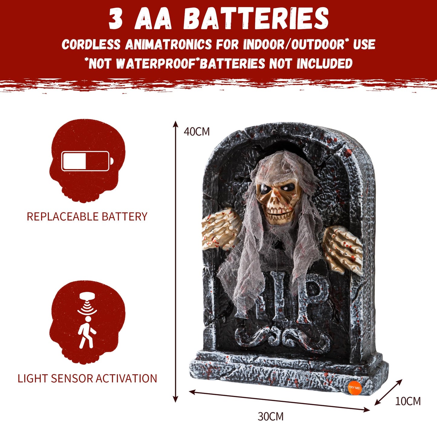 Halloween Animatronic Tombstone with Moving Skeleton - Sensor Activated Animated Scary Prop with Creepy Sound & Light-Up Eyes for Haunted House, Yard,Halloween Party Decor