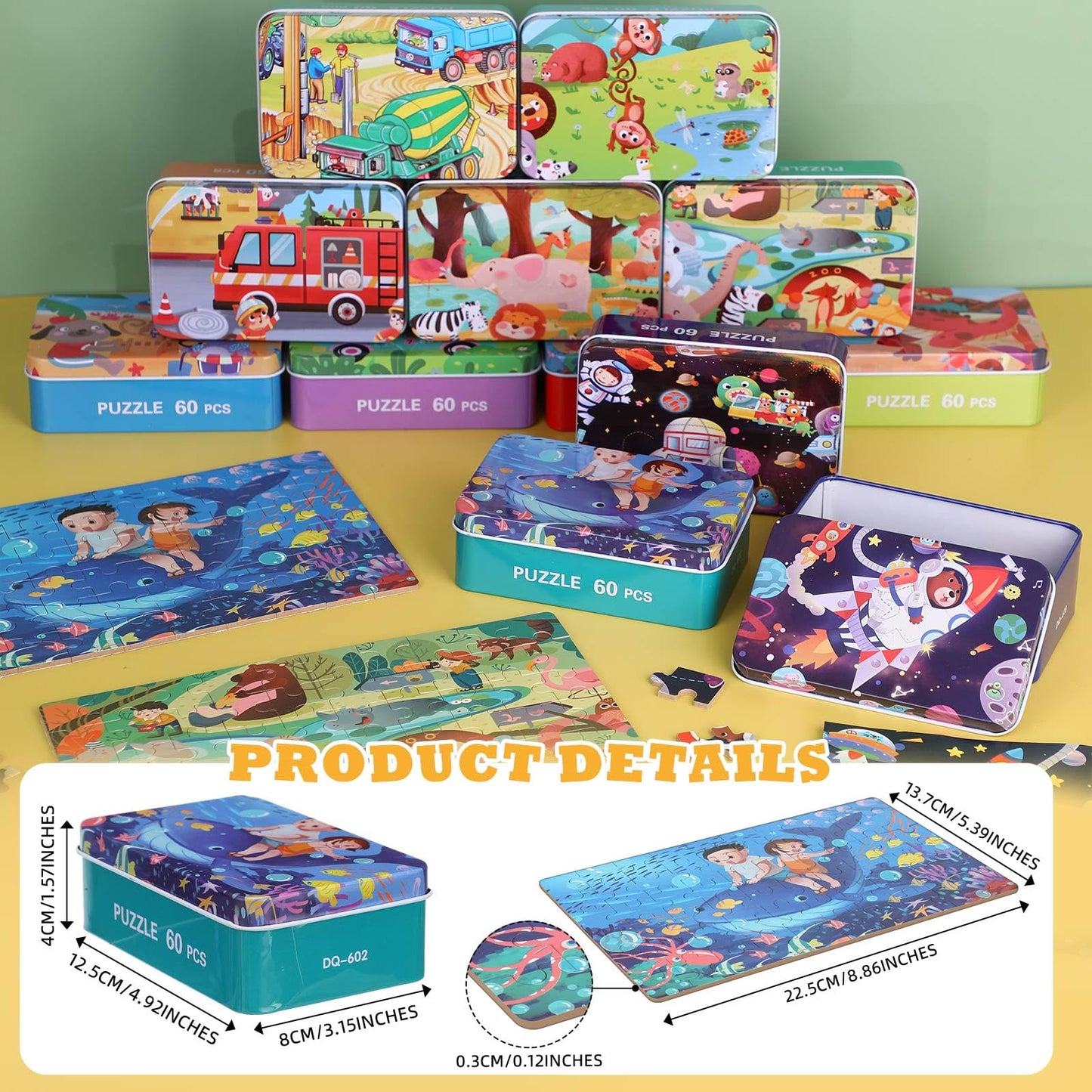 Silipull 12 Boxes Party Favors Jigsaw Puzzles in a Metal Box for Age of 4-8, Wooden Puzzle for Ages 4-8 Boys and Girls Learning Educational Jigsaw Pieces Toys, 12 Styles(Novel)