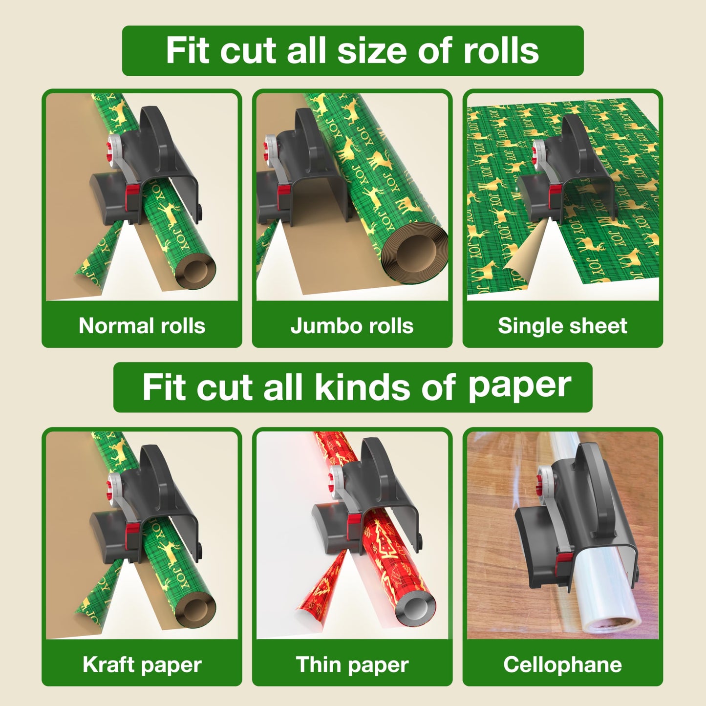 Wraprocut (2-Pack) Wheel Wrapping Paper Cutter & Tape Dispenser with 4 Tapes，2 Replace Blades Kit for Christmas Gift Wrap Cutter Tool Paper Roll Holder Tube Sliding Slicing for Birthday Holiday.