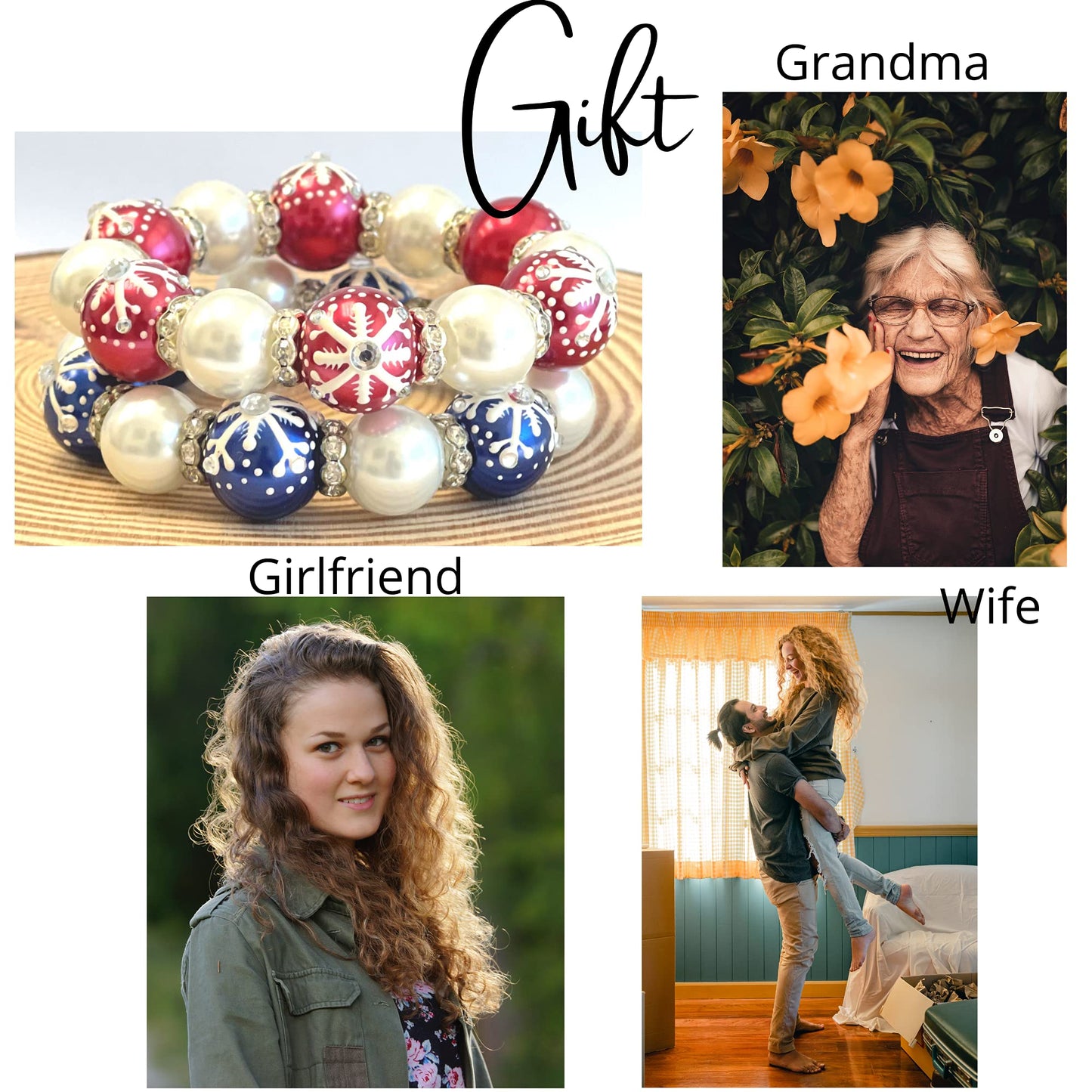 Christmas Glass Beaded Bracelet for Her, Holiday Birthday Gift Idea for Women, 1 pc (Red Snowflake)