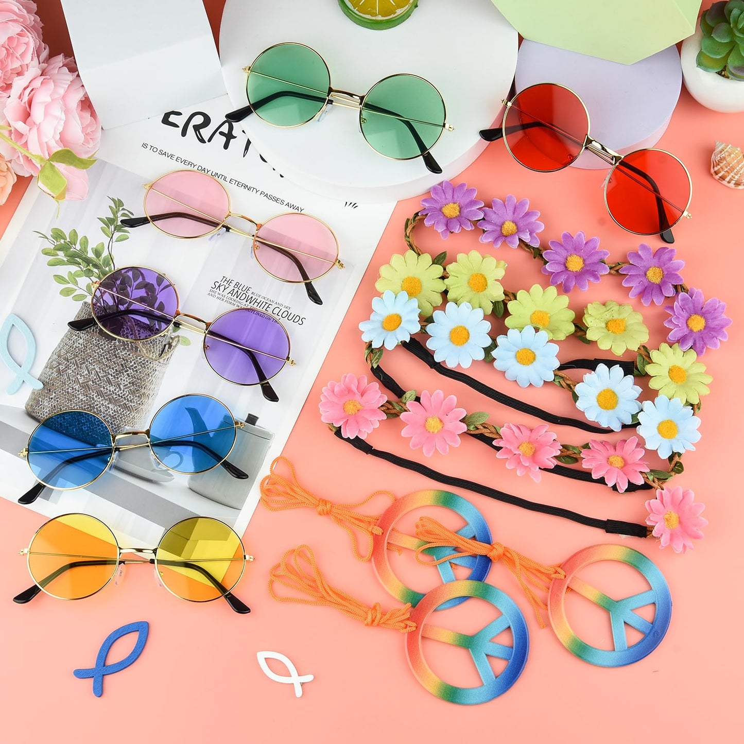 NEBURORA 60 Pieces Hippie Costume Accessory Set Multicolor Sunglasses Daisy Flower Headband Rainbow Peace Sign Necklaces for Hippie Party Supplies