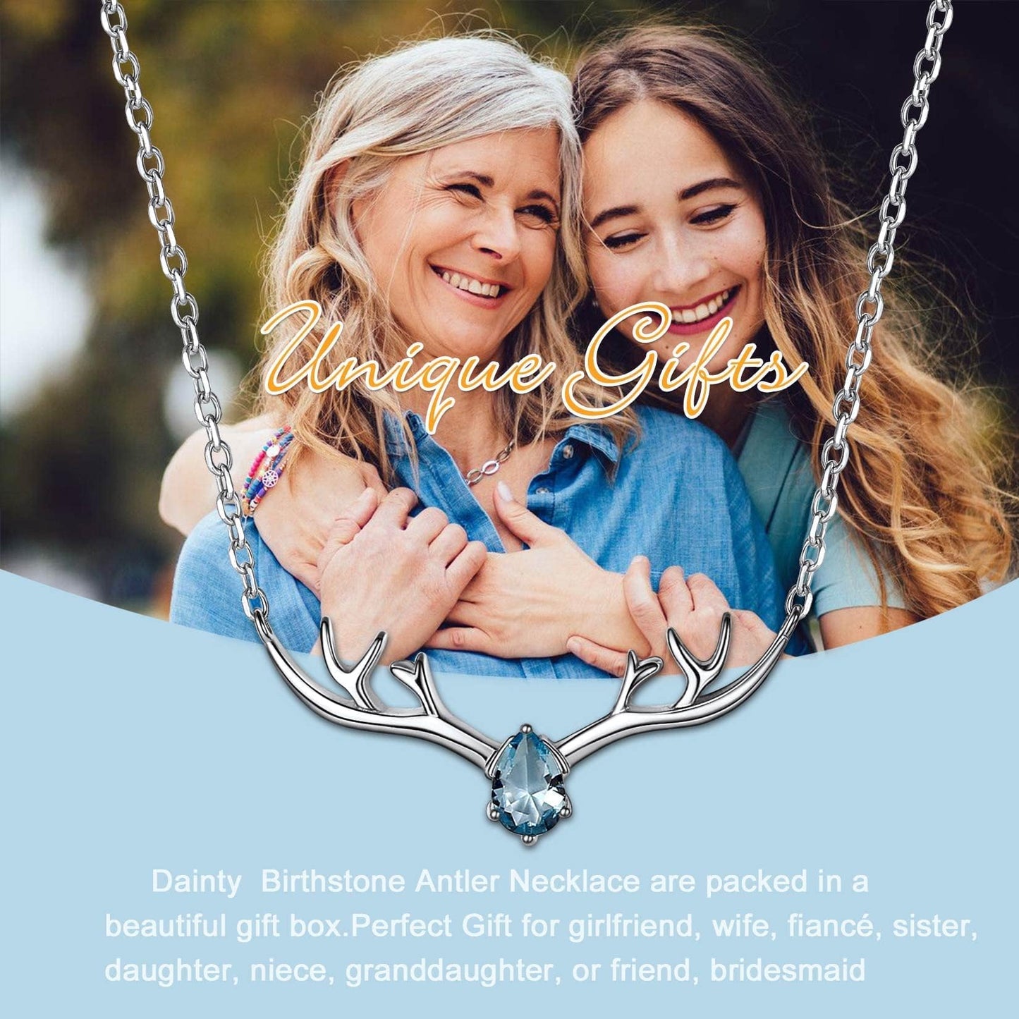 U7 Women Collar Necklace March Birthstone Aquamarine Jewelry Sterling Silver Lucky Reindeer Antler Necklace 16"-18"