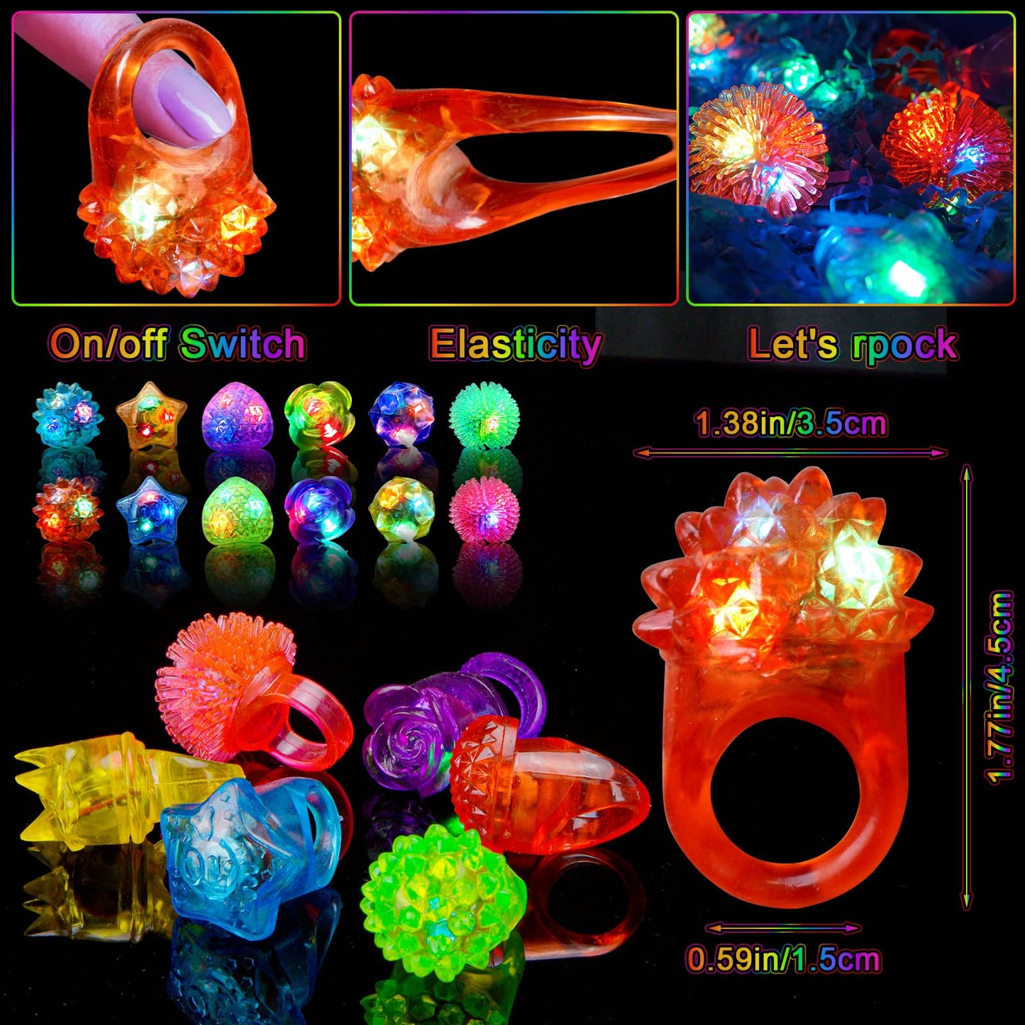 OLUPP 100 Pack LED Light Up Rings, Glow in the Dark Party Supplies, 6 Style Flashing Glow in the Dark Rings for Adults & Kids Birthday Party Favors,Classroom Prizes,Concert,Goodie Bag Fillers, Raves