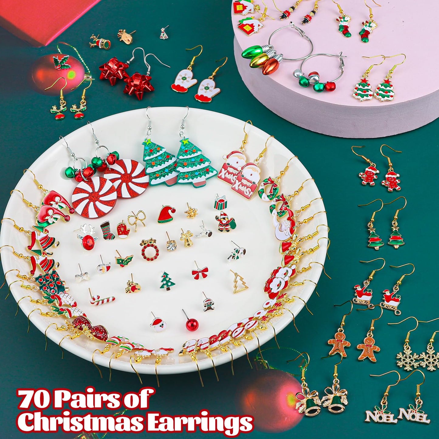 Gushu 70 Pairs Christmas Earrings for Women Girls, Bulk Christmas Gift Holiday Dangle Earrings Cute Xmas Stud Earrings Set Christmas Party Jewelry Gifts