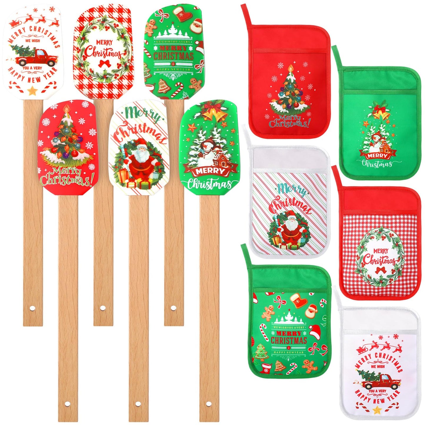 Zhehao 12 Pcs Christmas Silicone Spatulas Pot Holders Set Heat Resistant Pot Holders with Pocket Baking Gifts for Christmas Gift Party Supplies(Cute Christmas Style)