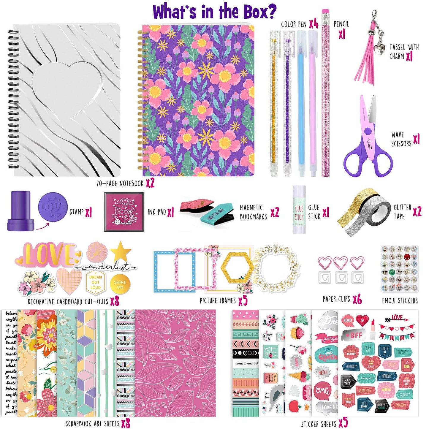 2-Pack DIY Journal Kit - Gifts for Girl Ages 8 9 10 11 12 13 14 Year Old - Cool Birthday Gifts Ideas for Girls - Art & Crafts for Tween Kid - Teen Girls Trendy Stuff - Scrapbook & Diary Supplies Set