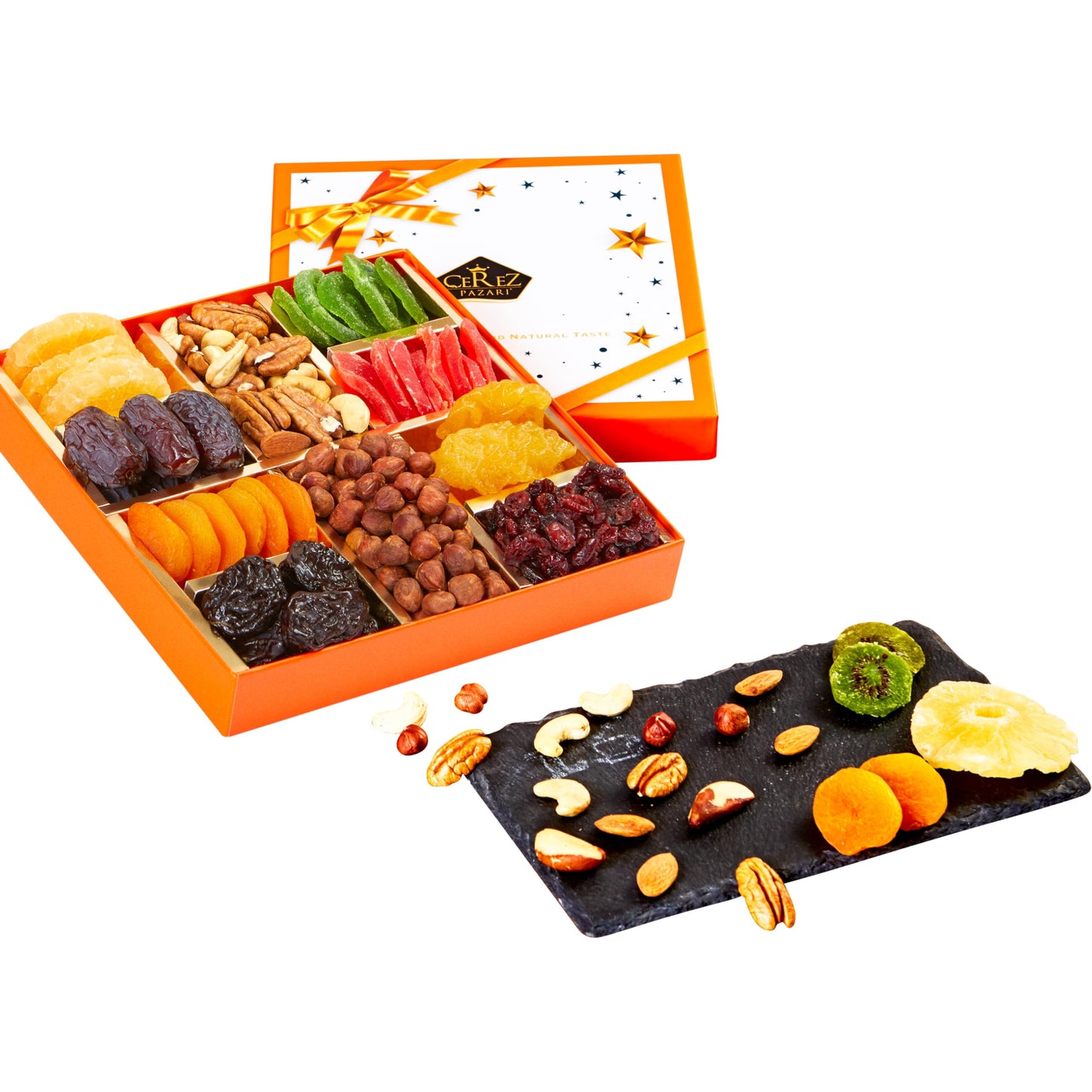 Cerez Pazari Dried Fruit and Nuts Gift Basket, Gourmet Holiday Gift Box Variety Of 10, Healthy Party Snack, Elegant Orange Box, 1.43 lbs