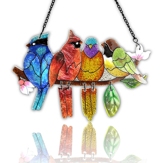 DASTOLL Stained Glass Window Hanging - Hummingbird on Branch Suncatcher Hand-Painted Double Side Stain Glass Cardinal Gifts Sun Catcher for Windows Doors Room Outdoor Home Decoration