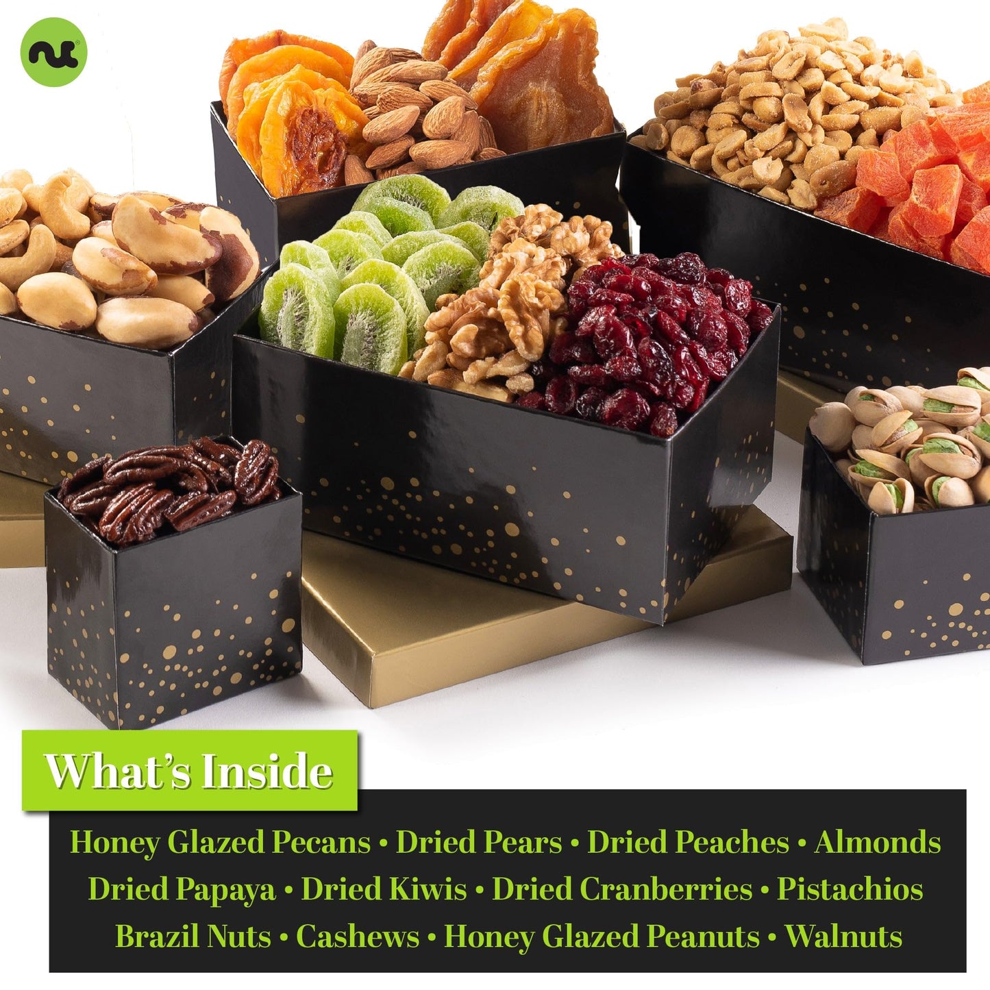 NUT CRAVINGS - Dried Fruit & Mixed Nuts Gift Basket in Black Tower + Ribbon (12 Assortments) Food Arrangement, Healthy Snack Care Package, Food Assortments