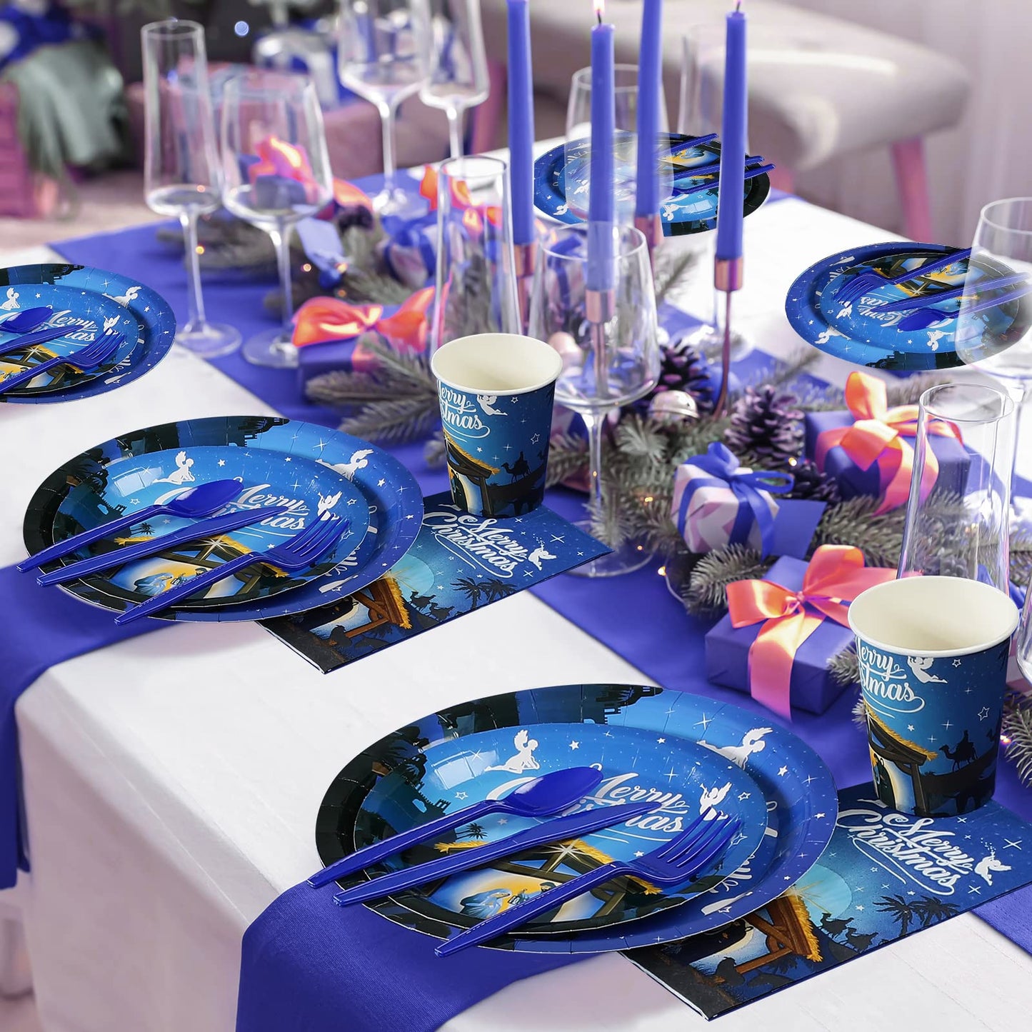 Christmas Nativity Party Supplies, Christmas Nativity Plates and Napkins Set, Disposable Jesus Holy Night Paper Plates Napkins Cups Knives Spoons Forks for Xmas Winter Holiday Party Decors, Serve 25