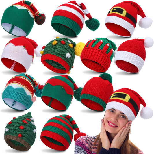 12 Pcs Christmas Knitted Hat Winter Santa Hat with Pom Xmas Elf Knit Crochet Beanie Skull Cap for Festive Party Adult Kids(Classic)