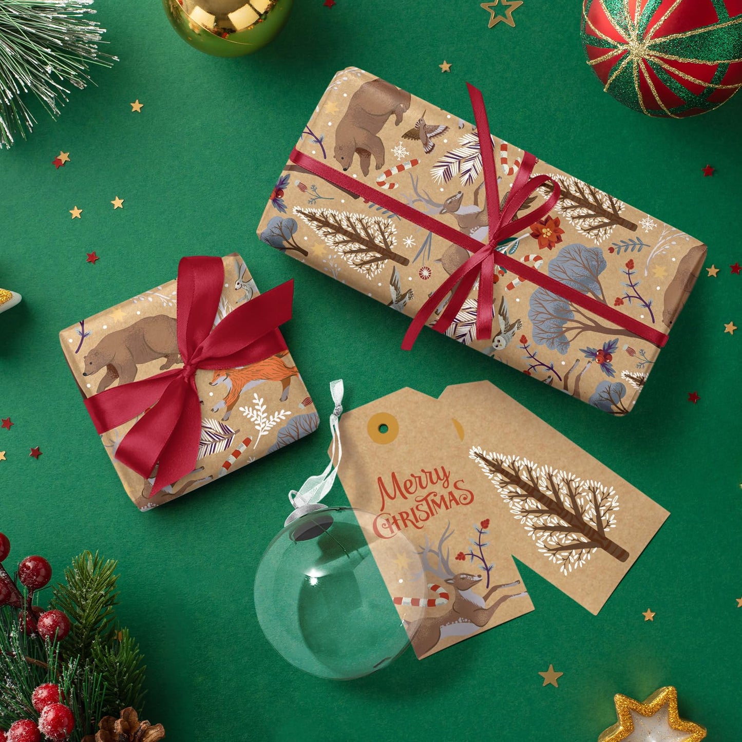 WRAPAHOLIC 30 Inch Jumbo Kraft Christmas Wrapping Paper - 30 Inch x 33 Feet - Christmas Animal Wrapping Paper and Tree Elements for Holiday, Party Celebration