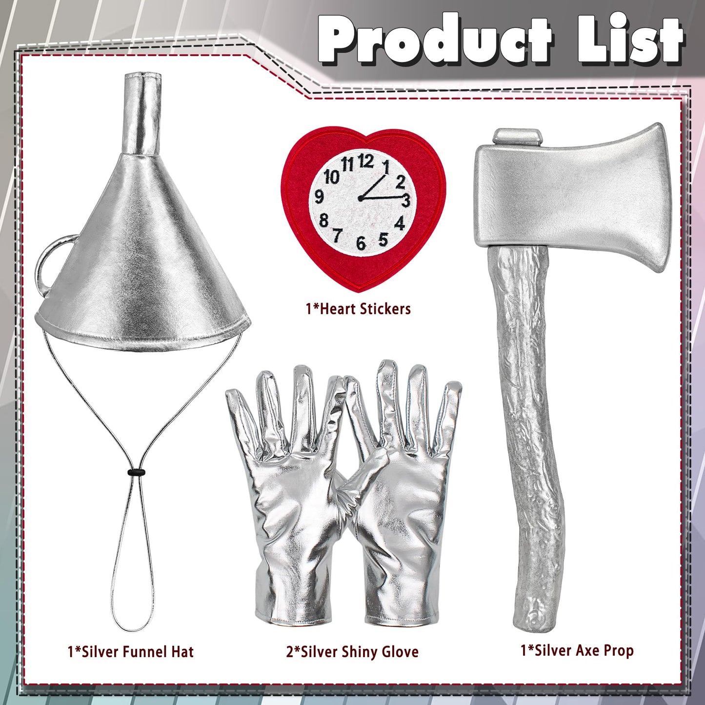 Yezmo 5PCS Tin Costume Accessories, Silver Axe Funnel Hat Set with Heart Clock Brooch Silvery Gloves for Adult Men for Cosplay Party