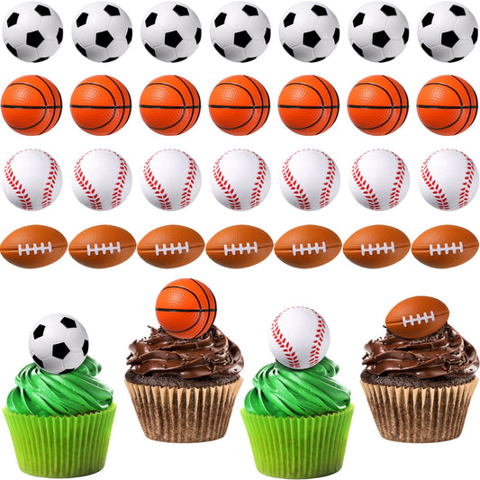 XunYee 32 Pcs Mini Foam Balls Sports Cupcake Toppers 1.6 Inch Basketball Soccer Stress Ball Small Football Baseball Cake Topper Sports Party Favors for Birthday Party Supplies Decoration(Mixed Balls)