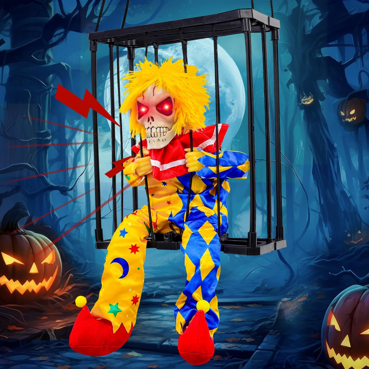 MGparty Halloween Screaming Animated Decorations Halloween Decor Prop with Motion Sensor Scary Skull Cage Prisoner Spooky Hanging Ghost Light Up Eyes