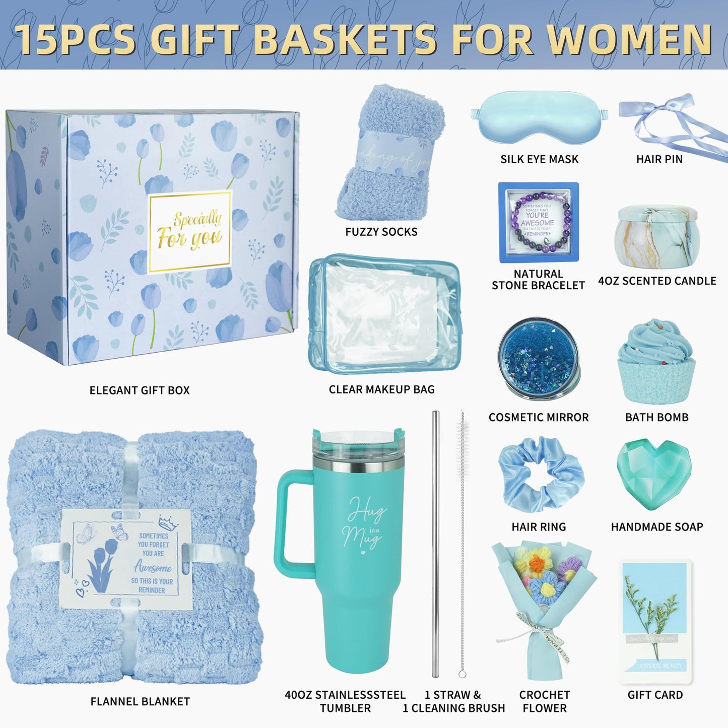 15PCS Birthday Gifts for Women, Relaxing Spa Gifts Baskets for Her, Care Package with Luxury Flannel Blanket and 40 oz Tumbler, Valentines, Mothers Day, Christmas Women's Gift for Mom, Wife, Friends