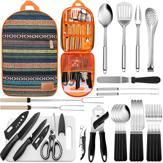 Portable Camping Kitchen Utensil Set-27 Piece Cookware Kit, Stainless Steel Outdoor Cooking and Grilling Utensil Organizer Travel Set Perfect for Travel, Picnics, RVs, Camping, BBQs, Parties and More