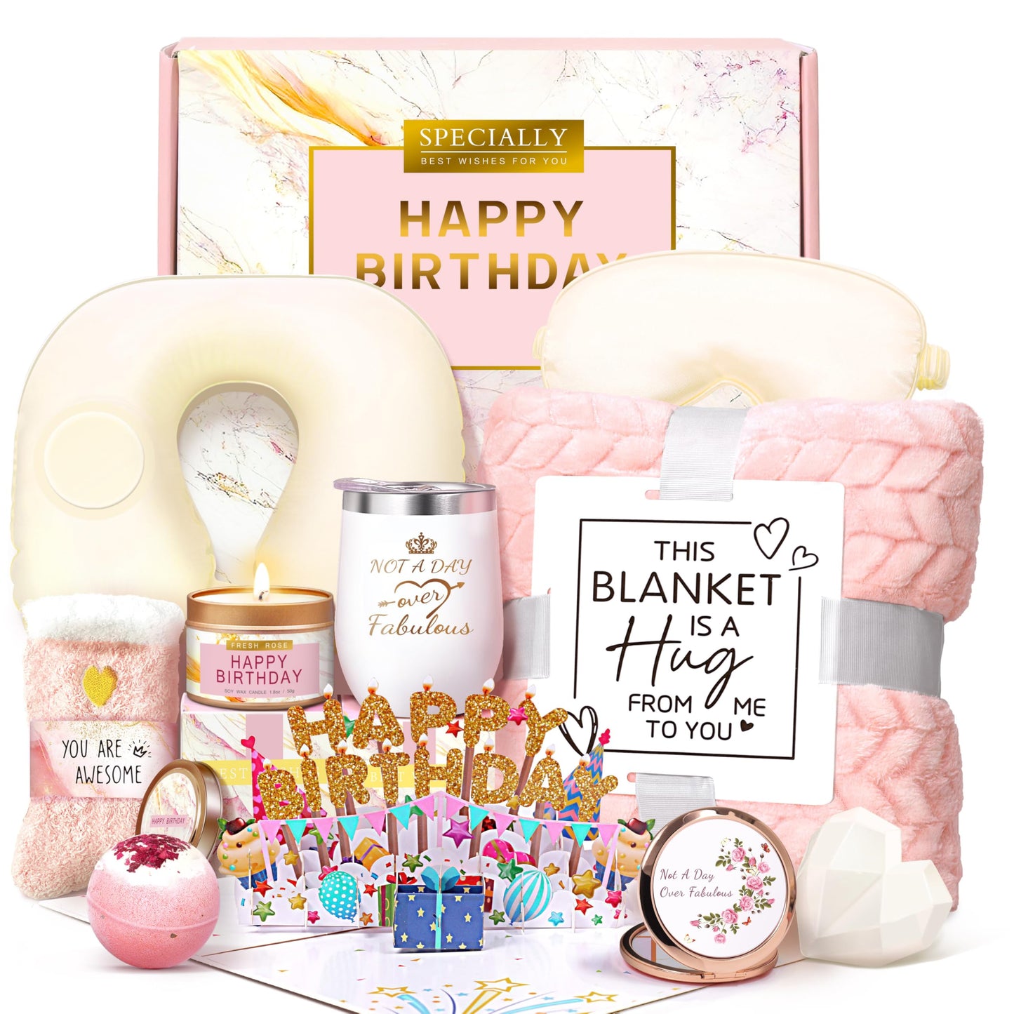 HSOEIXL Birthday Gifts for Women, Unique Spa Birthday Gift Basket with Blanket for Women - Happy Birthday Gifts for Her, Mom, Sister, Teacher, Girlfriend, Coworker, Wife, Bestie, BFF