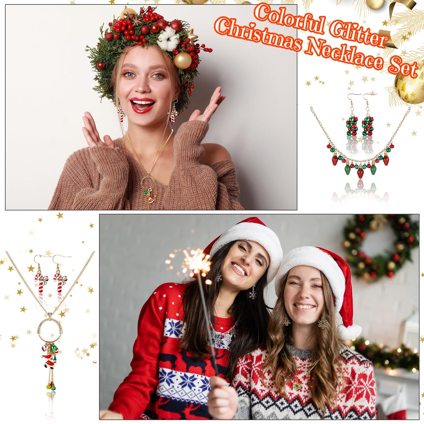 Misdary 12 Pcs Christmas Necklaces Earrings Set Christmas Jewelry for Women Bell Light Bulbs Snowflake Festive Holiday Jewelry Gift for Women (Elegant)