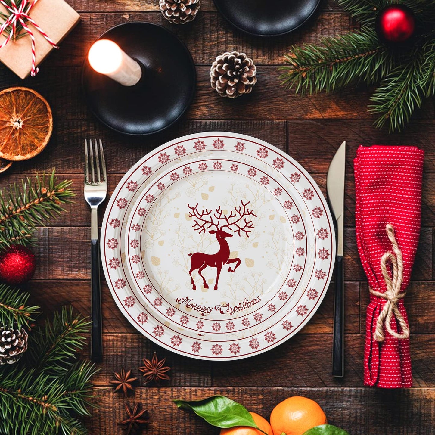 215 Pcs Christmas Plates and Napkins Set Serve 25, Christmas Elk Disposable Tableware Set, Christmas Decorations Includes Plates, Cups, Napkins, Christmas Tableware