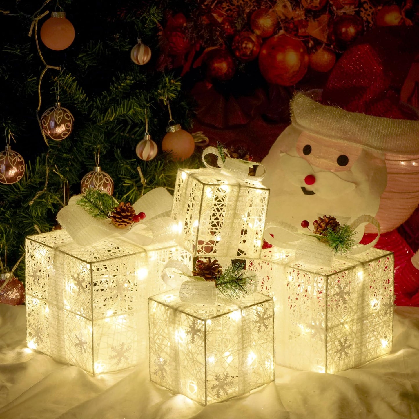 Christmas Lighted Gift Boxes, Set of 4 Christmas Decorations, Battery Operated Xmas Present Boxes, Warm White LED with Bows for Indoor Christmas Tree, Yard, Home Decor