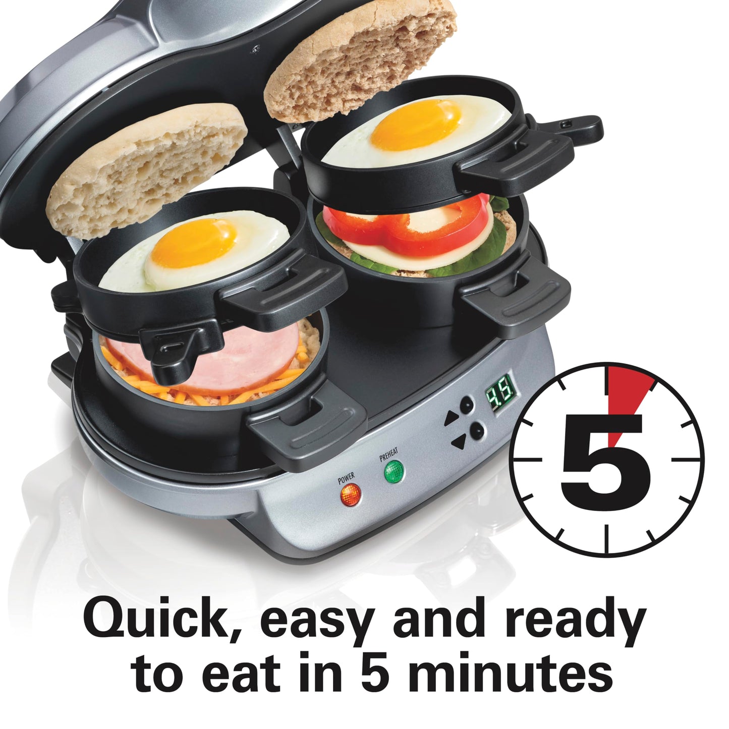 Hamilton Beach Dual Breakfast Sandwich Maker with Timer, Ready in 5 Minutes, Removable Dishwasher Safe PFAS-Free Non-Stick Egg Cooker Ring, Silver (25490MNA)