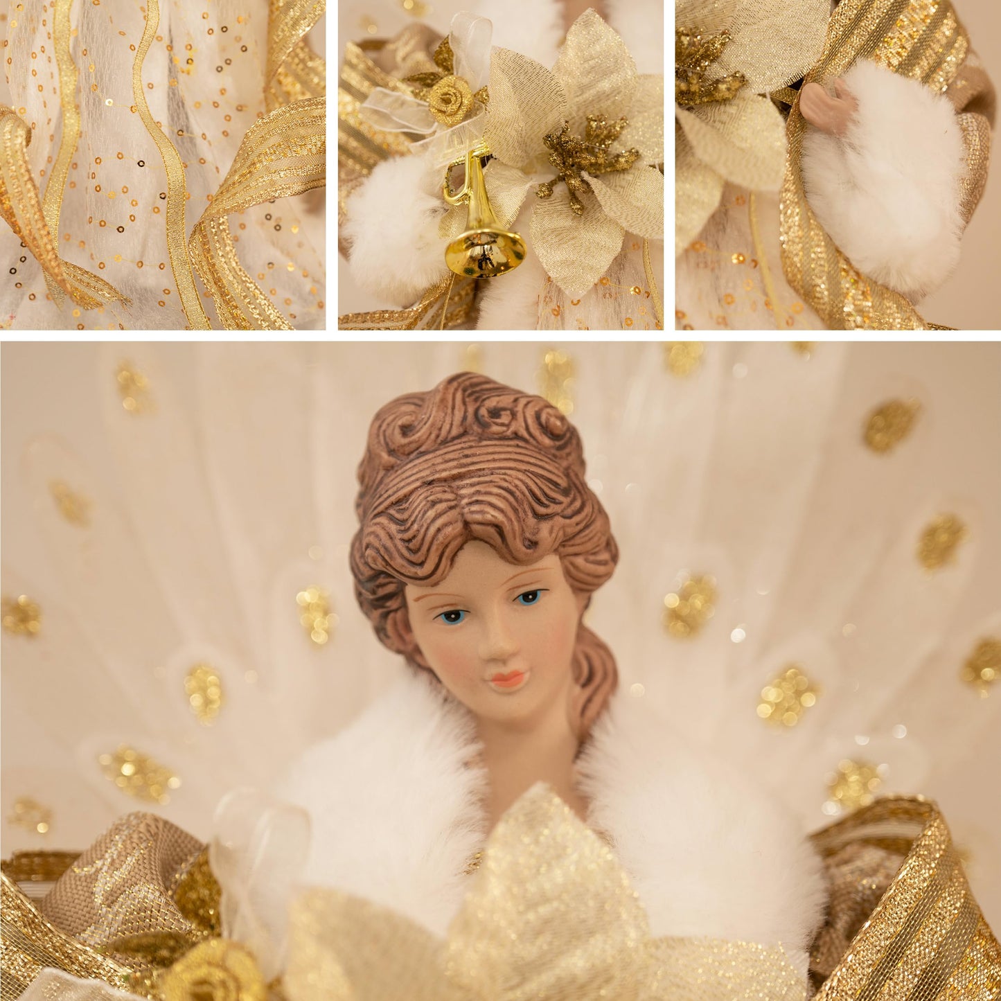 Valery Madelyn Lighted Christmas Tree Topper Angel with Timer, 16 Inch Luxury White Gold Fabric Small Angel Tree Topper with Lights for Christmas Tree Decor Indoor, Battery Operated, Valentines Gift