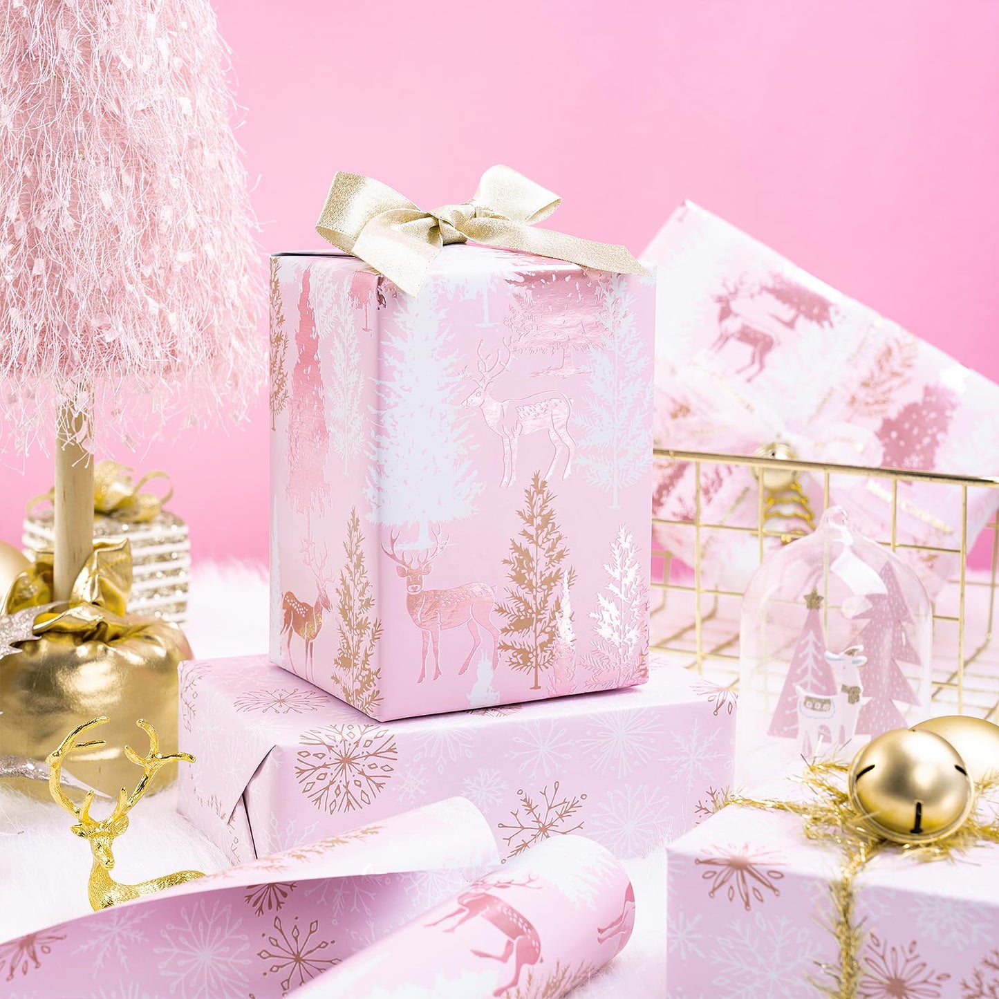 RUSPEPA 30" X 32.8' Reversible Christmas Wrapping Paper Large Paper Roll, Jumbo Roll, Rose Gold Foil Pink Reindeer and Tree Design, Snowflakes Gift Wrap for Girls, Women, Friends, Xmas Holiday Gifts