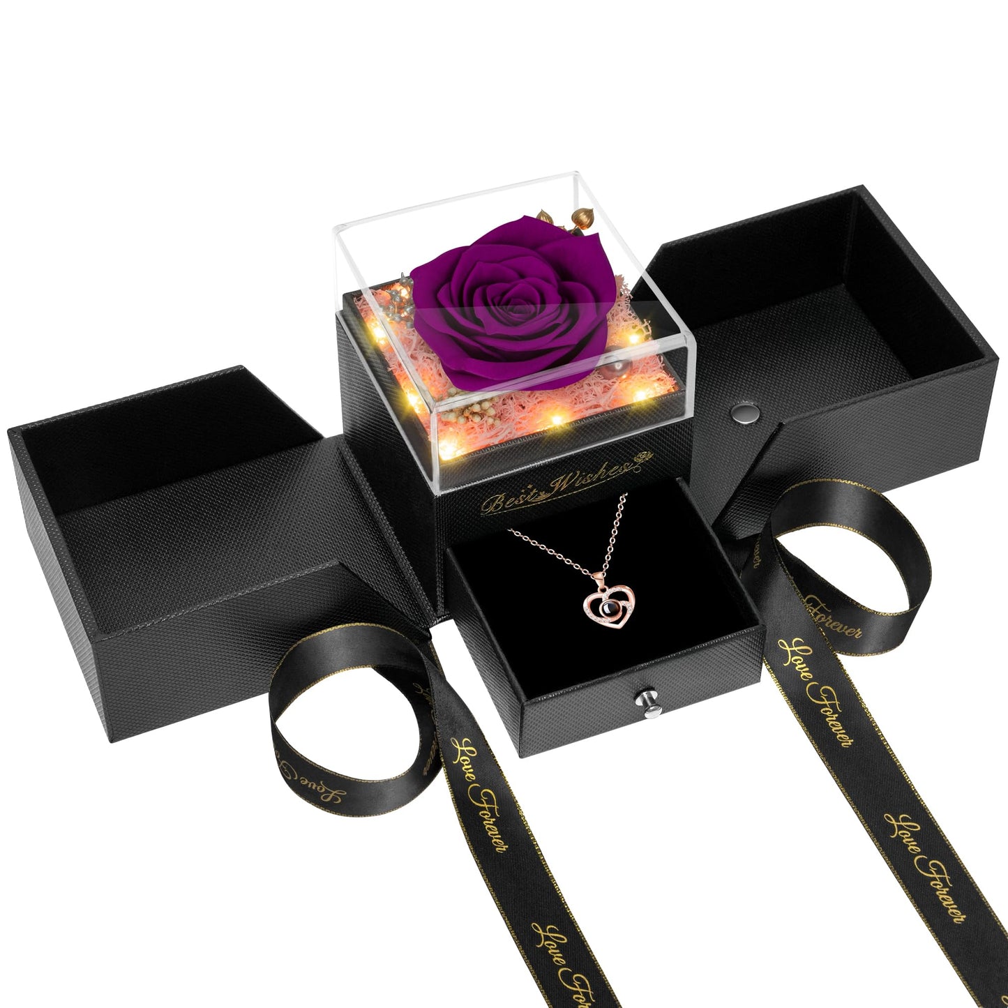 GOMALL Light Up Preserved Purple Rose Flower with Necklace,Birthday Gifts for Women,Christmas Rose Gifts for Her Mom Wife Grandma,Real Flower Mom Present for Women Christmas,Anniversary,Valentines