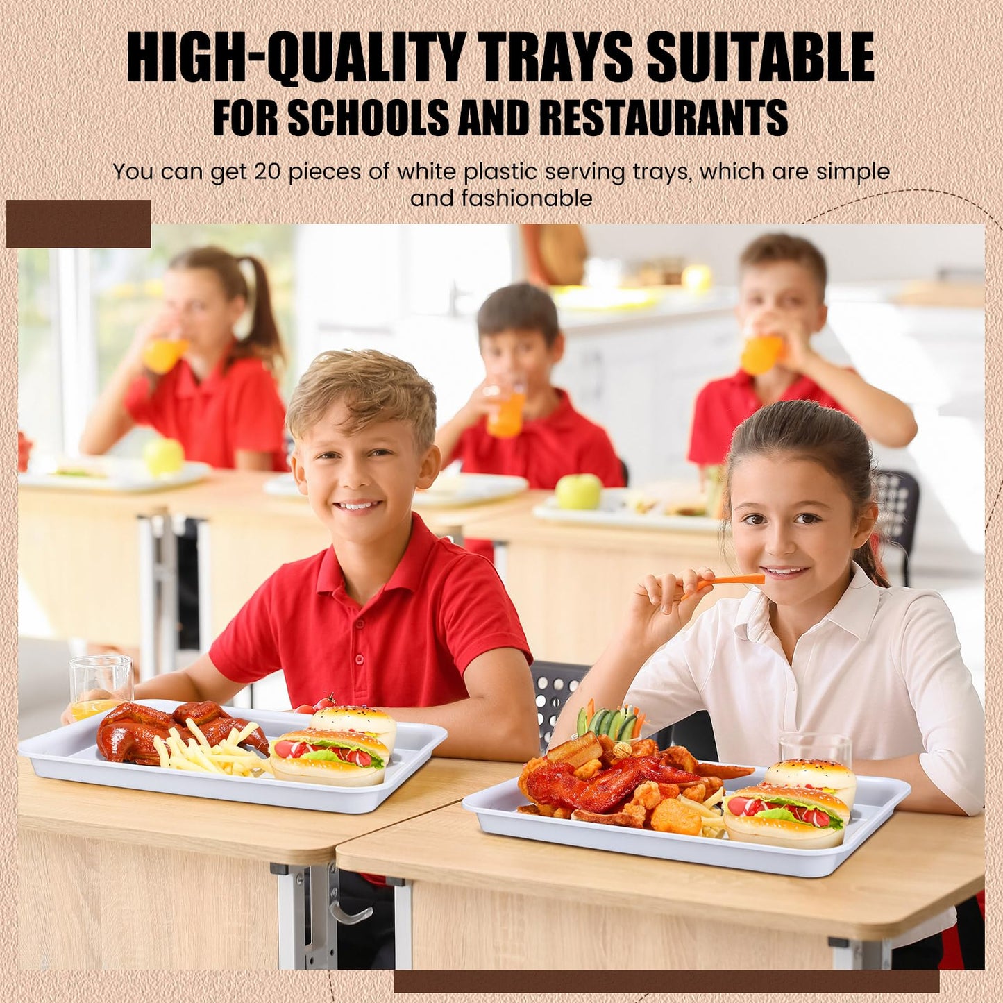 Ziliny 20 Pcs Plastic Serving Trays Bulk Plastic Serving Platters Reusable Rectangle Food Tray Stackable Party Trays for Dinner Snack Dessert in School Cafeteria(White,16 X 11)