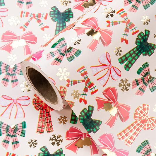 WRAPAHOLIC 30 Inch Jumbo Bow Christmas Wrapping Paper - Mini Roll - 17 Inch x 16.5 Feet - Gold Foil Snoflakes and Plaid Bow Wrapping Paper for Girl Boy Kids, Christmas, Holiday