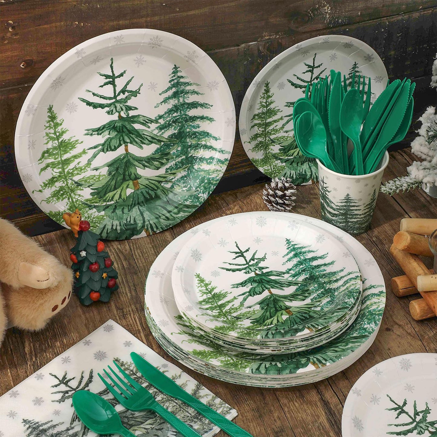JarThenaAMCS 175Pcs Christmas Tree Party Supplies Kit Green Cedar Tableware Set Xmas Winter Disposable Dinnerware Paper Napkin Plate Cup Plastic Fork Knives Spoon for 25 Guests Party Favor