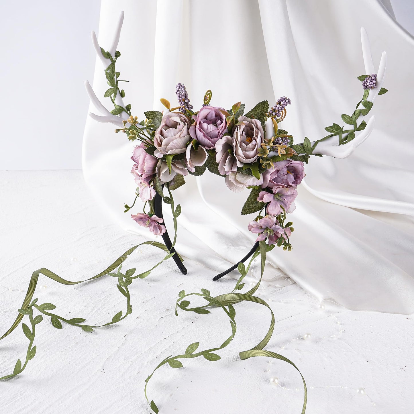 MOSTORY Fairy Deer Antler Headband - Purple Flower Reindeer Headband with Vines for Woodland Costume Women, Forest Floral Antlers Headpiece for Renaissance Accessories Cosplay Fantasy Photo Shoot