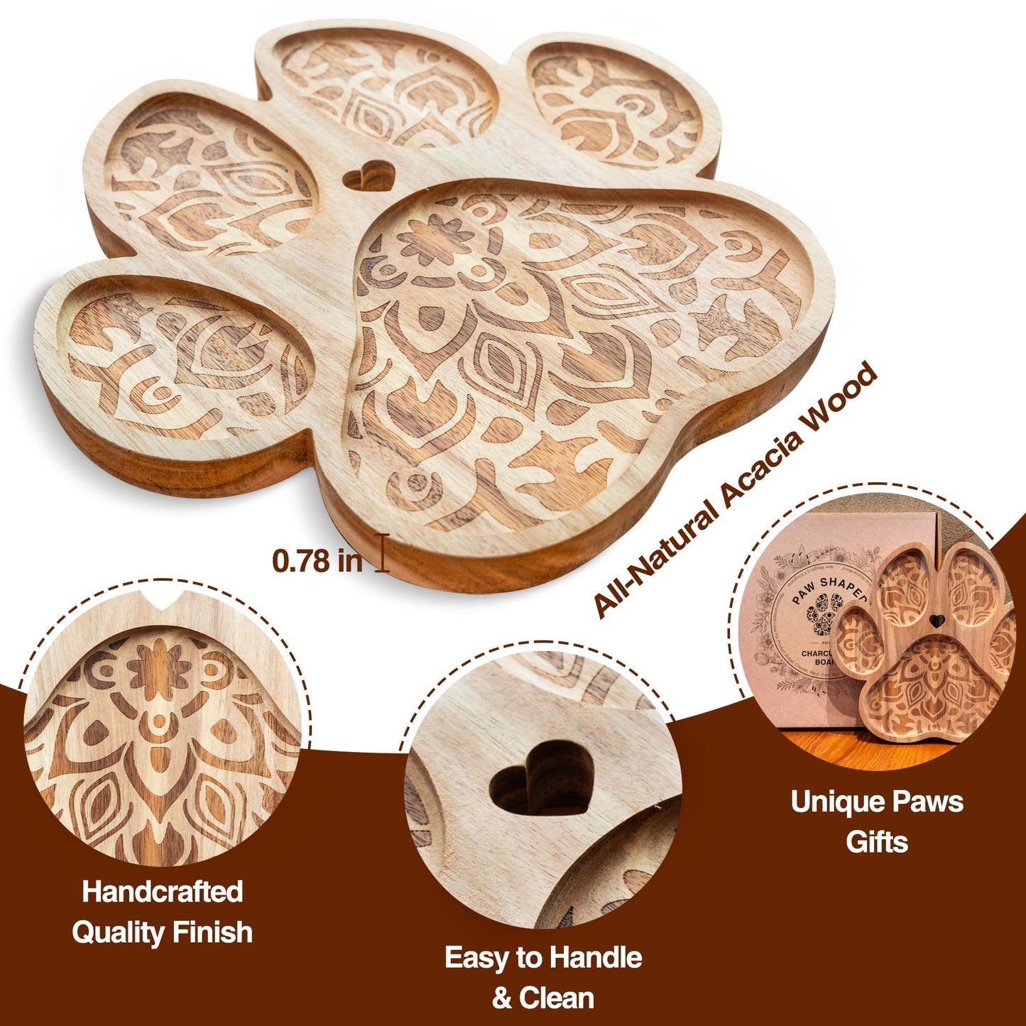 Paw Shaped Charcuterie Board, Acacia Wood Dog Cutting Board 11.8 x 11 Inch Paw Printing Serving Tray Chesse Boards Party Supplies for Christmas Housewarming Birthdays