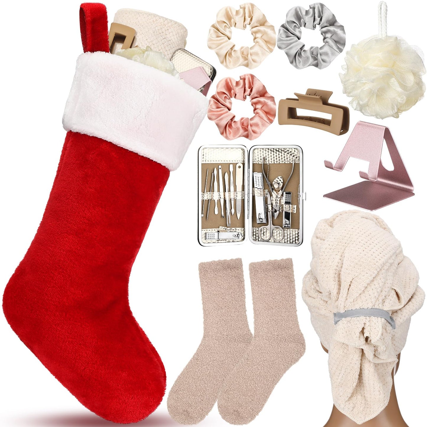 10 Pcs Christmas Stocking Stuffer for Women Include 18 Inch Xmas Stocking Hair Towel Wrap Bath Sponges Nail Clippers Kit Hair Claw Clip Scrunchies Socks Phone Stand for Xmas Gift Ideas
