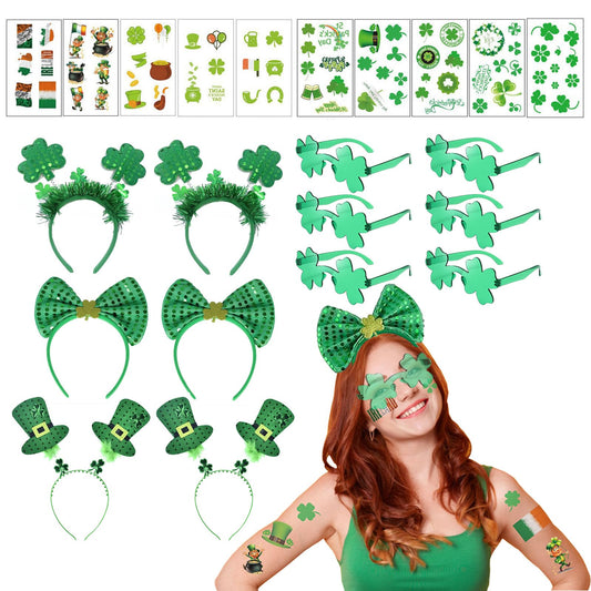 SYQBR 22 Pcs St. Patrick's Day Headbands & Shamrock Sunglasses & Tattoos Sticker, Green Irish Sequined Patriotic Headband and Clover Eye Glasses Tattoo Bulk for Party Favor Decoration Supplies