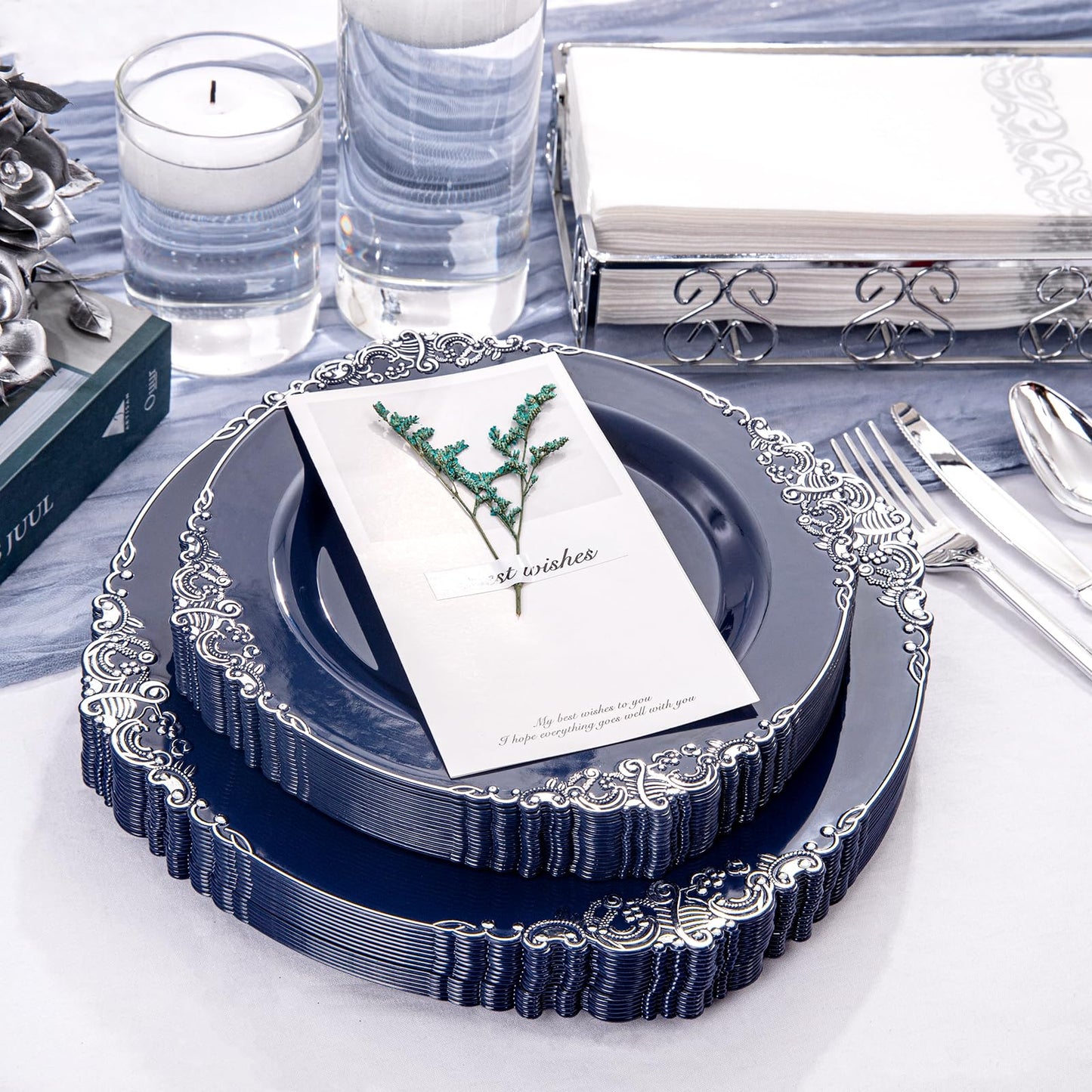 Hioasis 175pcs Blue and Silver Plastic Plates - Elegant Disposable Dinnerware Set Suitable for 25 Guests Include 10.25 Dinner & 7.5 Dessert Plates, Pre Rolled Silverware Set, Cups for Party & Wedding