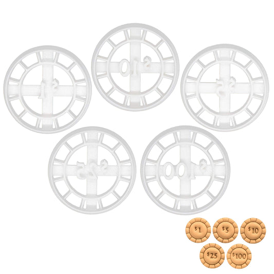 Set of 5 Poker Chip cookie cutters (Designs: Value 1, 5, 10, 25, and 100), 5 pieces - Bakerlogy