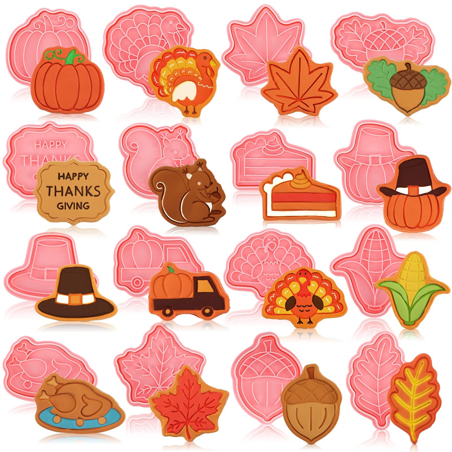 Hoolerry 16 Pcs Thanksgiving Cookie Cutter with Plunger Stamp Fall 3D Biscuit Cutter Pastry Fondant Embossing Mold for Baking Supplies